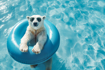 Cool polar bear in sunglasses swimming on the inflatable ring on the blue sea or pool water