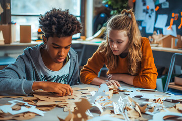Fototapeta premium Two teenagers working on a stop motion animation involving paper cutouts.