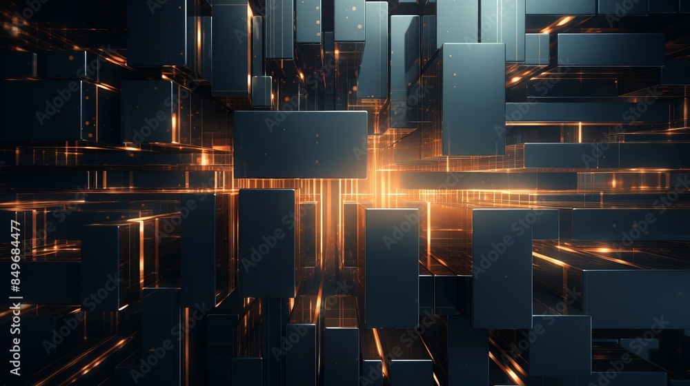 Poster abstract 3d geometric cubes with glowing edges, creating a futuristic and technology-inspired digita
