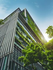 modern office building with green trees. eco green environment sustainable corporate clean energy concept