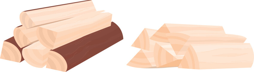 Piled firewood set containing large logs smaller pieces. Wooden logs used burning heating stored indoors outdoors. Vector illustration isolated white background