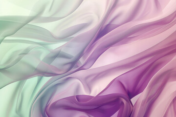 Fototapeta premium Abstract background of sheer chiffon fabric flowing in gentle waves of purple and green, creating a soft and elegant texture