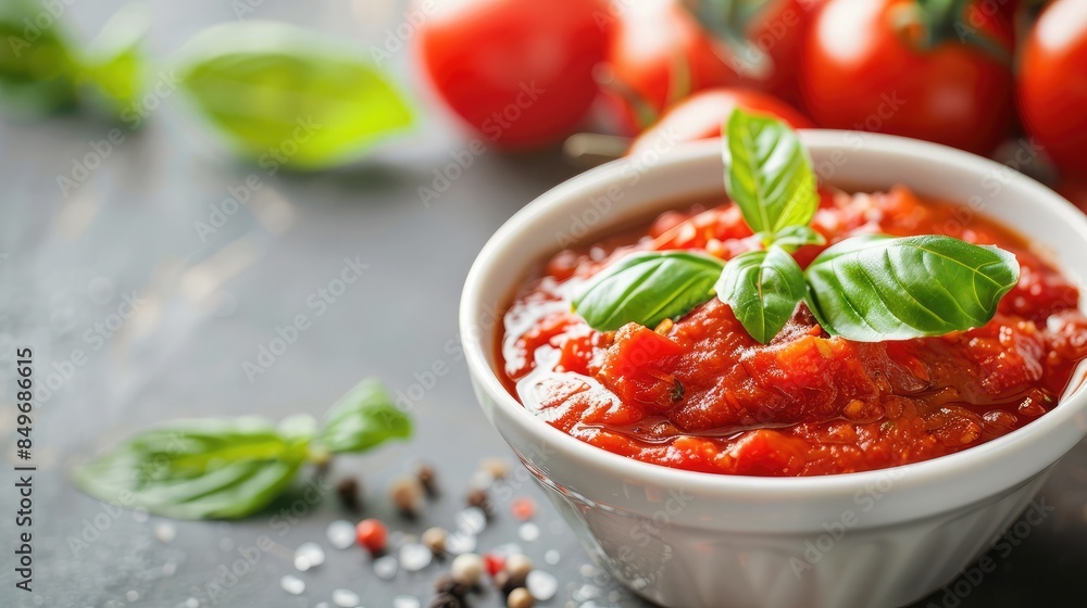 Wall mural Close-up of a bowl of tomato sauce with a fresh tomato and basil sprig beside it