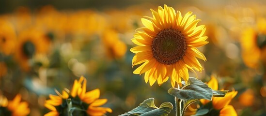 Fototapeta premium Single sunflower in a field of golden blooms