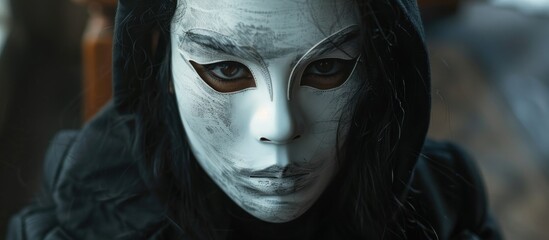 Woman in white mask looking intensely
