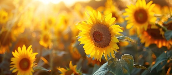 Fototapeta premium Sunflowers swaying in the golden sunlight