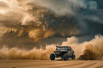 Fototapeta premium Dramatic Off-Road Adventure Under Stormy Skies with a Powerful All-Terrain Vehicle Kicking Up Dust