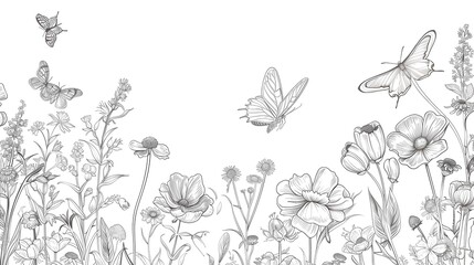Fototapeta premium Group of Wildflowers, herbs, flowers, plants and butterflies flyng around. Outline Style