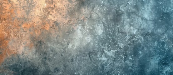 Blue and orange painted concrete wall texture with scratches, cracks and stains forming a grungy background with copy space