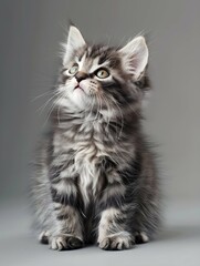 gray tabby cute kitten fluffy cat on grey background