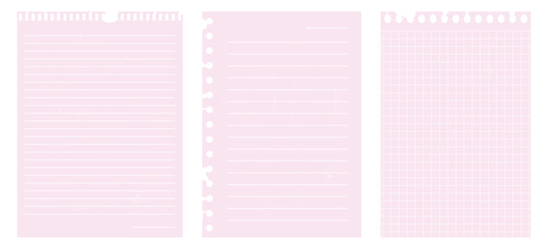 Torn paper sheets from a notepad. Set of girly realistic pages. Collection of sheets with lines and cells.