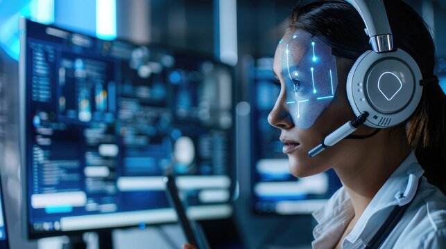 Close-up of a customer service agent using an AI chatbot on a dual monitor setup