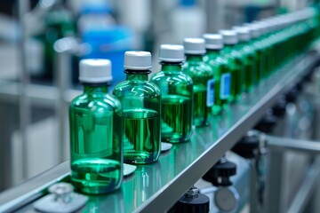 Pharmaceutical factory's production line transporting green bottles filled with clear liquid