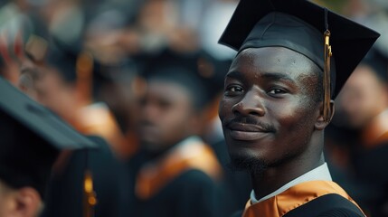 Fototapeta premium Close-up of a graduate standing proudly with a group of fellow graduates