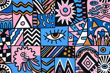 Obraz premium Abstract patterns with geometric shapes in blue and pink hues. Perfect for use in posters, textiles, wallpapers, and other decorative projects. Highlights vibrant colors and artistic expression.