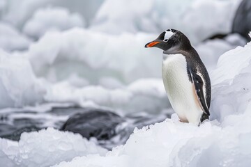 Naklejka premium Gentoo penguin standing on ice in a snowy landscape. The penguin is looking towards the water amidst chunks of ice.