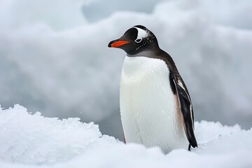 Gentoo penguin standing on the snow in Antarctica, surrounded by snow-covered landscape and cloudy sky, winter wildlife photography.