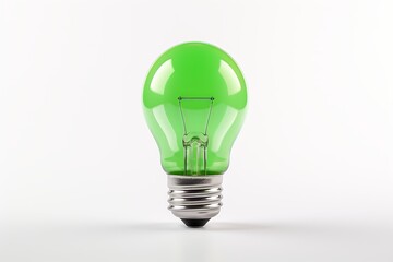 Green light bulb on a white background, symbolizing eco-friendly energy and sustainability. Ideal for environmental and energy-related concepts.
