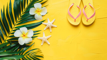 A vibrant summer-themed arrangement featuring yellow flip-flops, white frangipani flowers, starfish, and palm leaves on a bright yellow background.