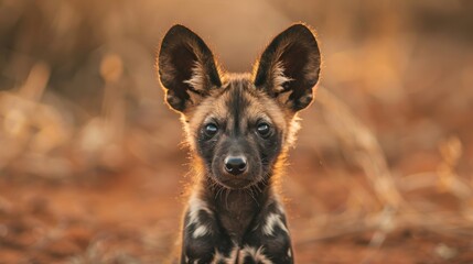 Fototapeta premium Immersive capture of a young African wild dog in warm golden light, symbolizing wild beauty