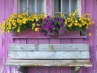 Charming rustic pink wooden wall with vibrant yellow and purple flowers in window boxes, old weathered bench below