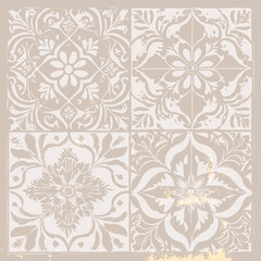 Gold foil tile with arabesque beige print 
