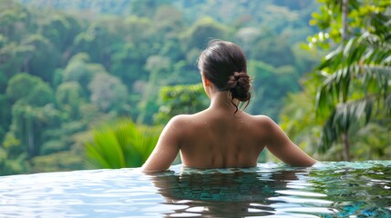 Fototapeta premium beautiful young woman in infinity pool with a jungle view, back view