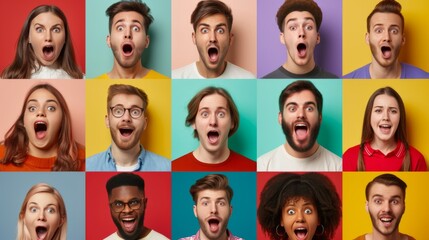 A set of various individuals from different ethnic backgrounds showcasing exaggerated facial expressions