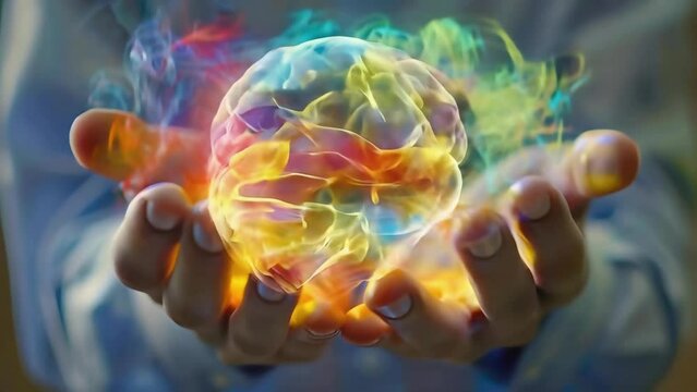 Human hand holding glowing brain icon in palm. Modern connection technology and neurology, future health and medicine artificial intelligence and innovation.