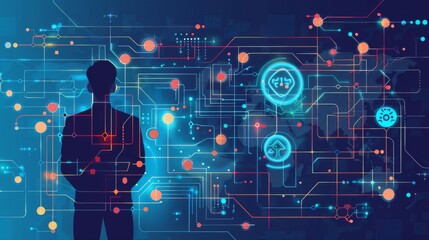 An abstract design combining a human silhouette with a network of circuit board lines, symbolizing integration