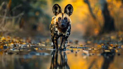 Fototapeta premium Striking image of an African wild dog with its reflection in the water, set against an autumnal forest background