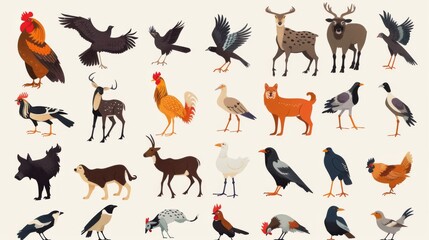 Fototapeta premium An assortment of various birds and mammals, drawn in a flat illustration style, against a cream background
