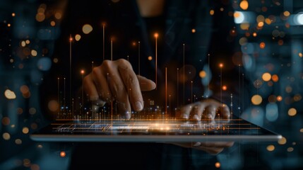 A businessperson with digital graphs and analytics displayed across a tablet, indicating data analysis in progress