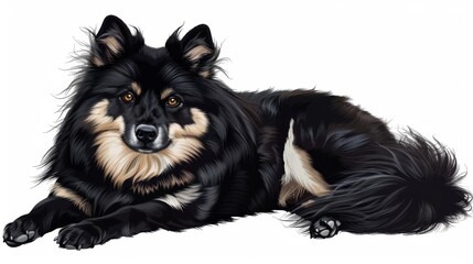 High-detail digital illustration of a black and tan fluffy dog lying down