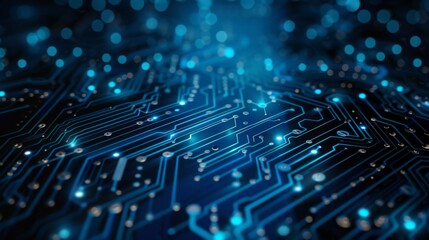 Obraz premium Detailed blue circuit board with glowing lines and connections representing technology and data paths