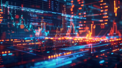 Dynamic digital interface with abstract technology and stock market data graphs and charts