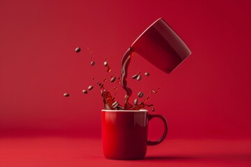 Red mug with coffee spilling out in a fluid motion surrounded by scattered beans on red background. Coffee Pouring with Beans in Dynamic Motion