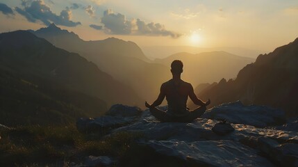 Obraz premium A man meditates and does yoga against the backdrop of mountains and sunset.
