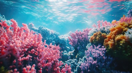 Coral reef, life in the ocean. Beautiful corals. Natural environmental conditions.