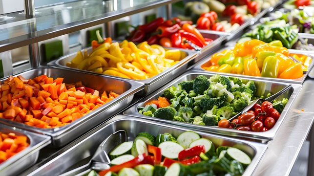 A school cafeteria featuring a build-your-own-salad bar - offering a variety of fresh vegetables and customizable options for creating nutritious and appealing meals