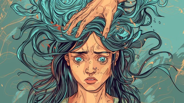 A colorful illustrated portrait of a woman with intense blue flowing hair and an expression of concern or surprise - Powered by Adobe