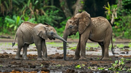 Two young African elephants playfully interacting with each other in a muddy area in the wild