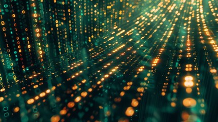 Abstract digital background representing a binary data stream with glowing numbers and depth of field effect