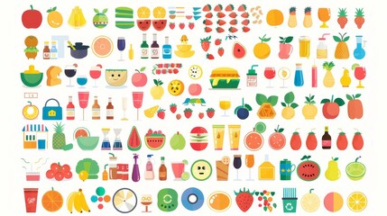 An assortment of colorful fruit and beverage icons arranged in a grid, depicting healthy eating and variety