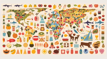 This illustrated map showcases a variety of icons representing animals, food, and landmarks from around the globe