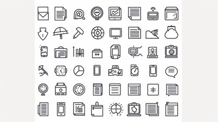 A variety of minimalistic line icons for web and mobile interfaces presented on a white background