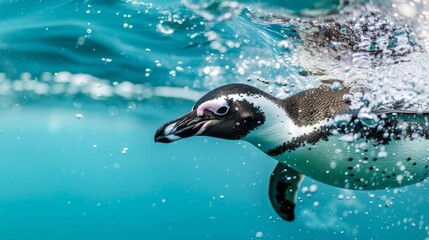 Obraz premium Close-up shot capturing the focused expression of a penguin as it dives into the ocean's blue waters