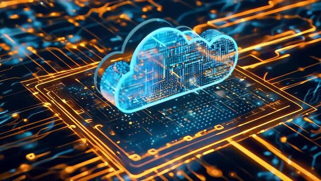 Cloud computing concept with circuit board and microchip. Abstract technology and science, connection and communication in network. Futuristic big data storage system in cloud, cyber. business.