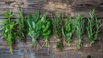 Fresh herbs displayed on a wooden surface