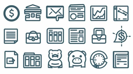 A collection of sixteen blue finance and banking icons represent business concepts